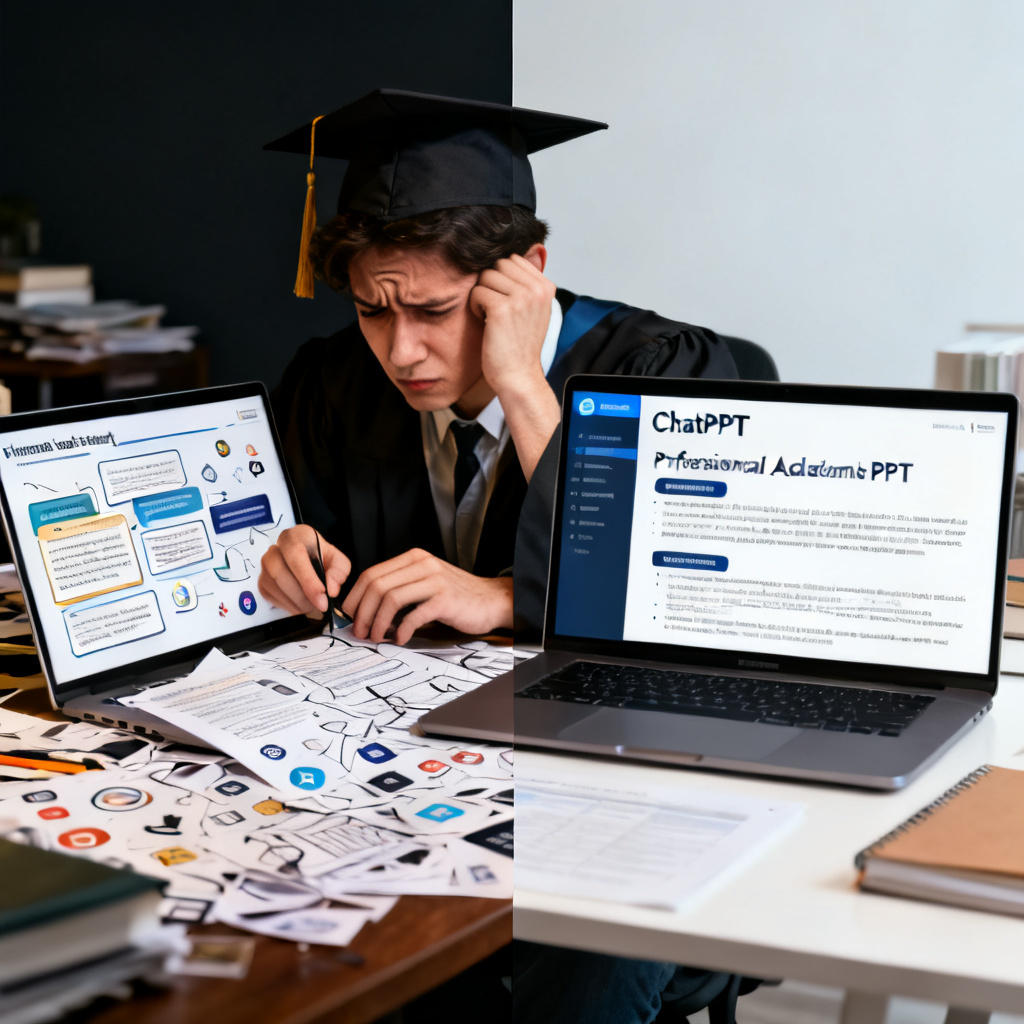 A split-screen comparison image showing a stressed graduate student manually working on a messy PPT slide on the left, and a clean, professional academic PPT slide automatically generated by ChatPPT on the right. The left side is dark and cluttered, the right side is bright and organized.