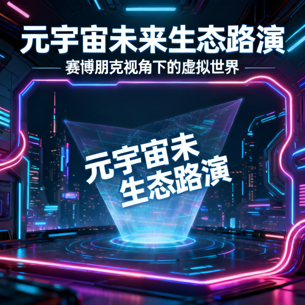 赛博朋克风格元宇宙路路演PPT，霓虹灯光，全息投影，未来城市背景，高对比度，冷色调
