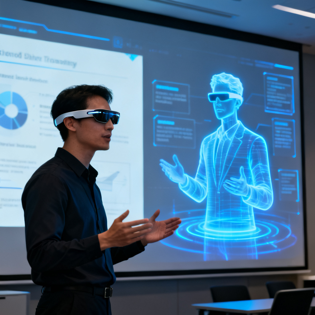 A presenter wearing smart glasses, with a holographic digital twin of themselves speaking alongside the slides on a large screen.