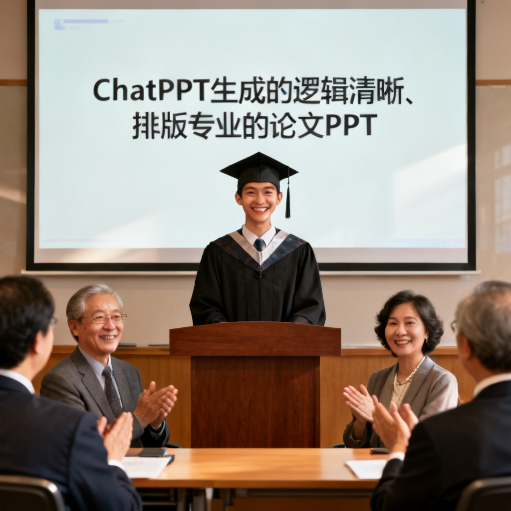 一位面带自信微笑的硕士生站在答辩讲台上，身后大屏幕显示着ChatPPT生成的逻辑清晰、排版专业的论文PPT，台下评委面带赞许表情，体现成功答辩的喜悦场景
