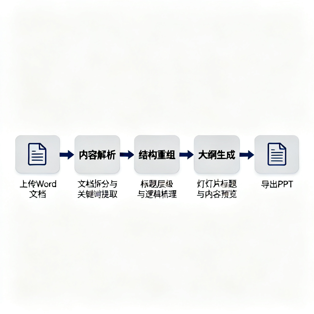 信息图展示ChatPPT将长篇Word文档自动提炼为幻灯片大纲的逻辑流程，箭头和节点清晰