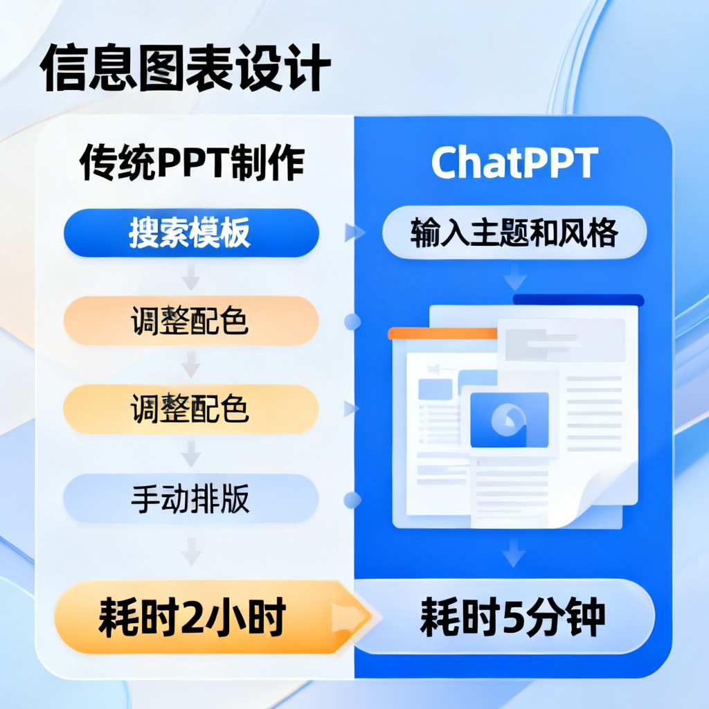 工作效率对比图,左侧是传统PPT制作流程,包含搜索模板、调整配色、手动排版等多个步骤,耗时2小时;右侧是ChatPPT流程,仅需输入主题和风格,耗时5分钟,视觉风格统一且精美