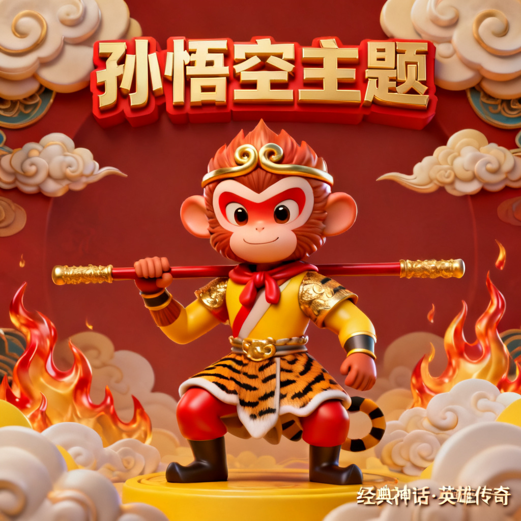 3D西游记风格，孙悟空主题，立体质感，鲜艳色彩，PPT封面设计