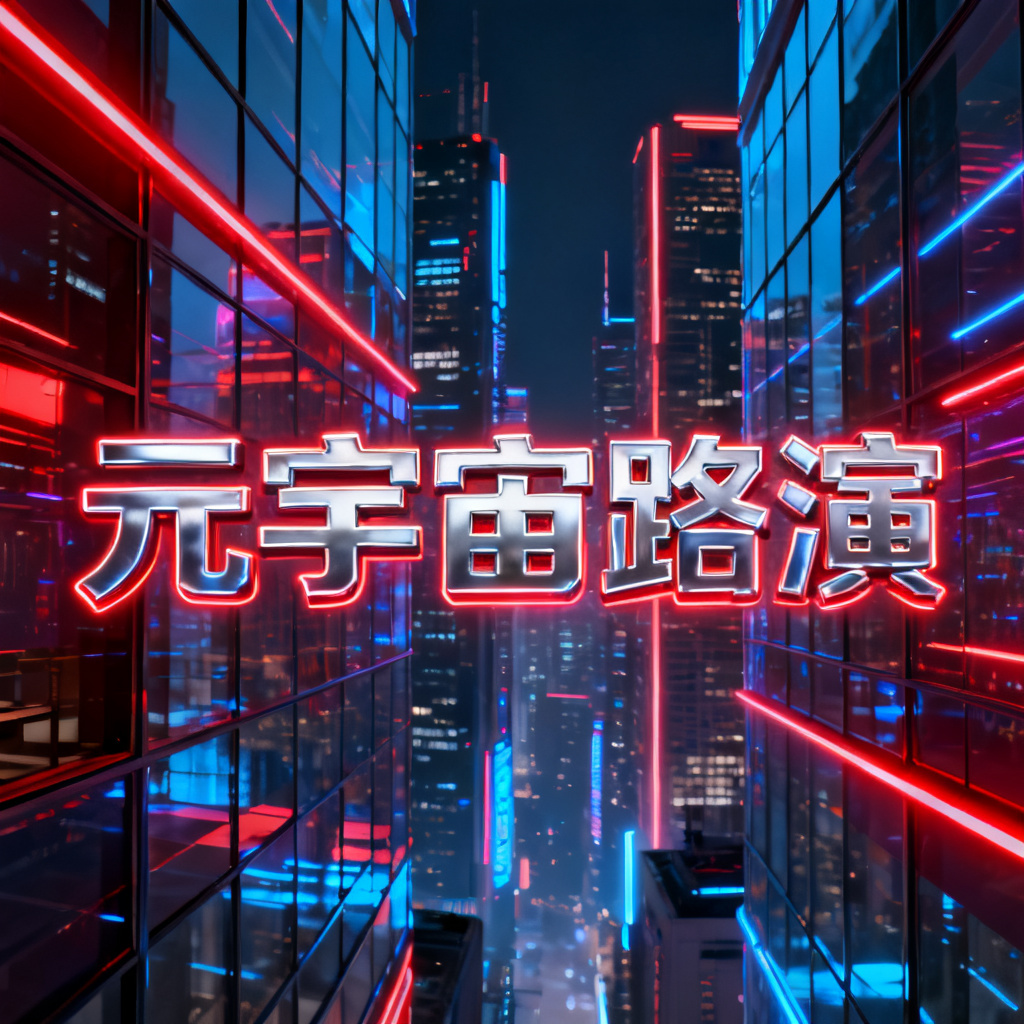 一张赛博朋克风格的元宇宙路演PPT封面,霓虹灯光,未来城市背景,科技感字体