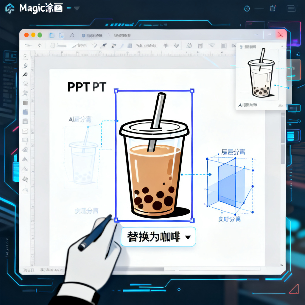 一个用户使用Magic涂画功能，框选PPT页面中的一杯奶茶，输入“替换为咖啡”，AI正在实时渲染替换过程，周围有图层分离的示意图。