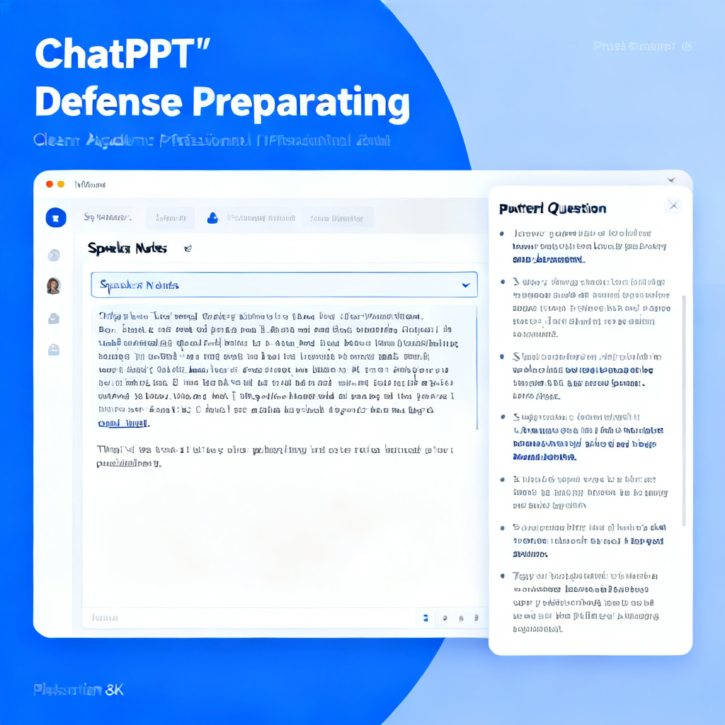 A screenshot of ChatPPT's defense preparation module, showing a slide with a speaker notes panel displaying a detailed script, and a sidebar listing potential jury questions with suggested answers. The interface is clean, with a focus on academic professionalism, blue and white color scheme, high resolution, 8k.
