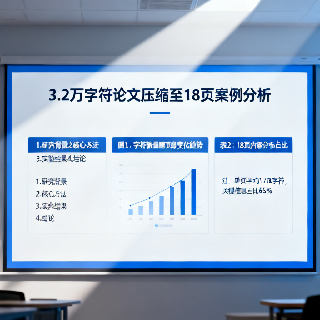 答辩现场PPT投影效果模拟图，简约蓝白学术风格，清晰大标题与结构，3.2万字符论文压缩至18页的案例数据标注