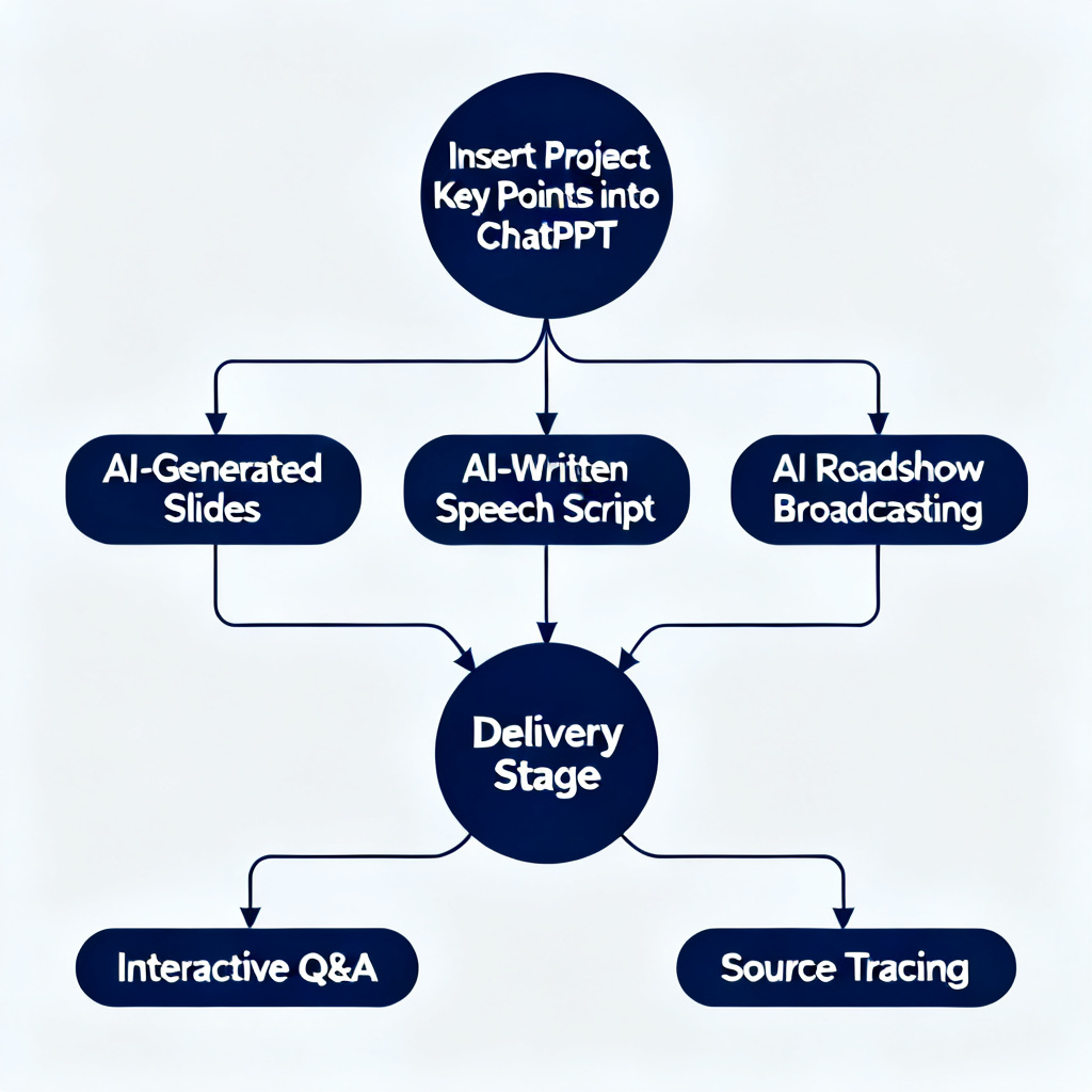 An elegant workflow diagram showing the journey from inserting project key points into ChatPPT, then branching into three paths: AI-generated slides, AI-written speech script, and AI roadshow broadcasting, eventually merging into a delivery stage with interactive Q&A and source tracing, dark blue professional color palette