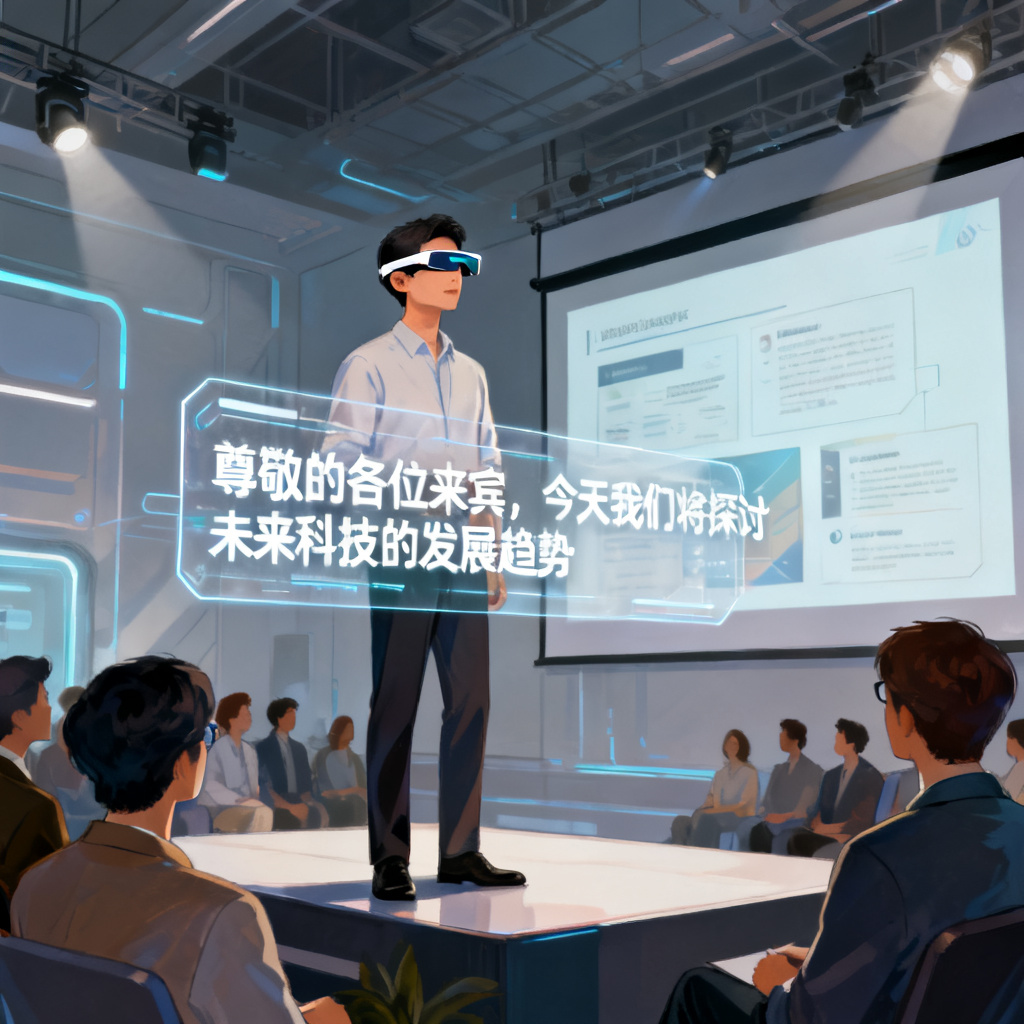 未来感路演环境，演讲者佩戴轻便智能眼镜站在舞台上，现实视野中浮现透明文本框，同步呈现讲稿，台下观众专注观看，背景有投影幕布展示精致PPT页面，场景明亮通透，现实主义数字绘画风格