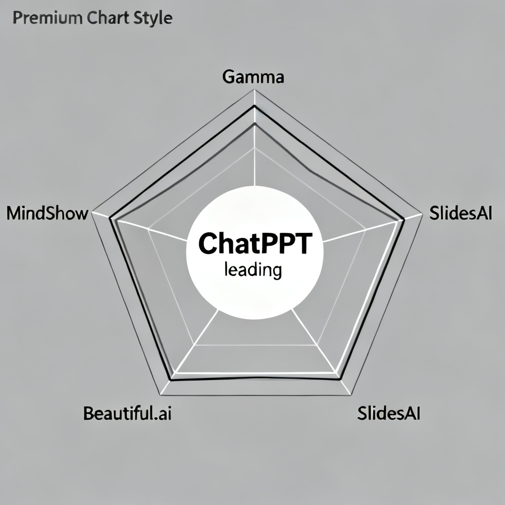 A five-dimensional radar chart with ChatPPT at center, clearly marked as leading, outlines of other tools such as Gamma, SlidesAI, Beautiful.ai, MindShow are visibly smaller, premium chart style with gray background