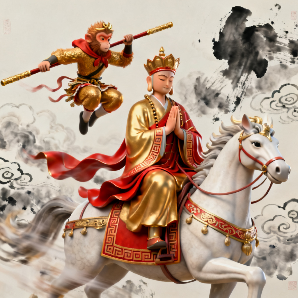 3D西游记风格，孙悟空与唐僧，水墨画与3D结合，金色与红色主色调，传统纹样，动态模糊效果