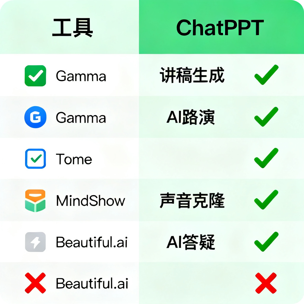 一张对比图表,左侧列出Gamma、Tome、MindShow、Beautiful.ai等工具,右侧列出ChatPPT,各项功能(讲稿生成、AI路演、声音克隆、AI答疑)以绿色对勾或红色叉号标示,ChatPPT一列全部为绿色对勾。