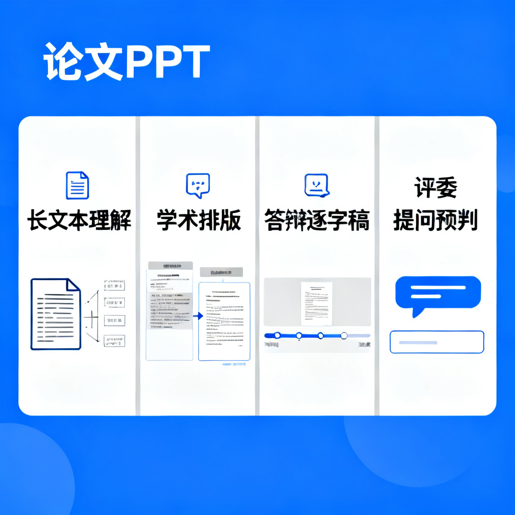 一张信息图,展示ChatPPT的四个核心优势:长文本理解、学术排版、答辩逐字稿、评委提问预判,以论文PPT为背景