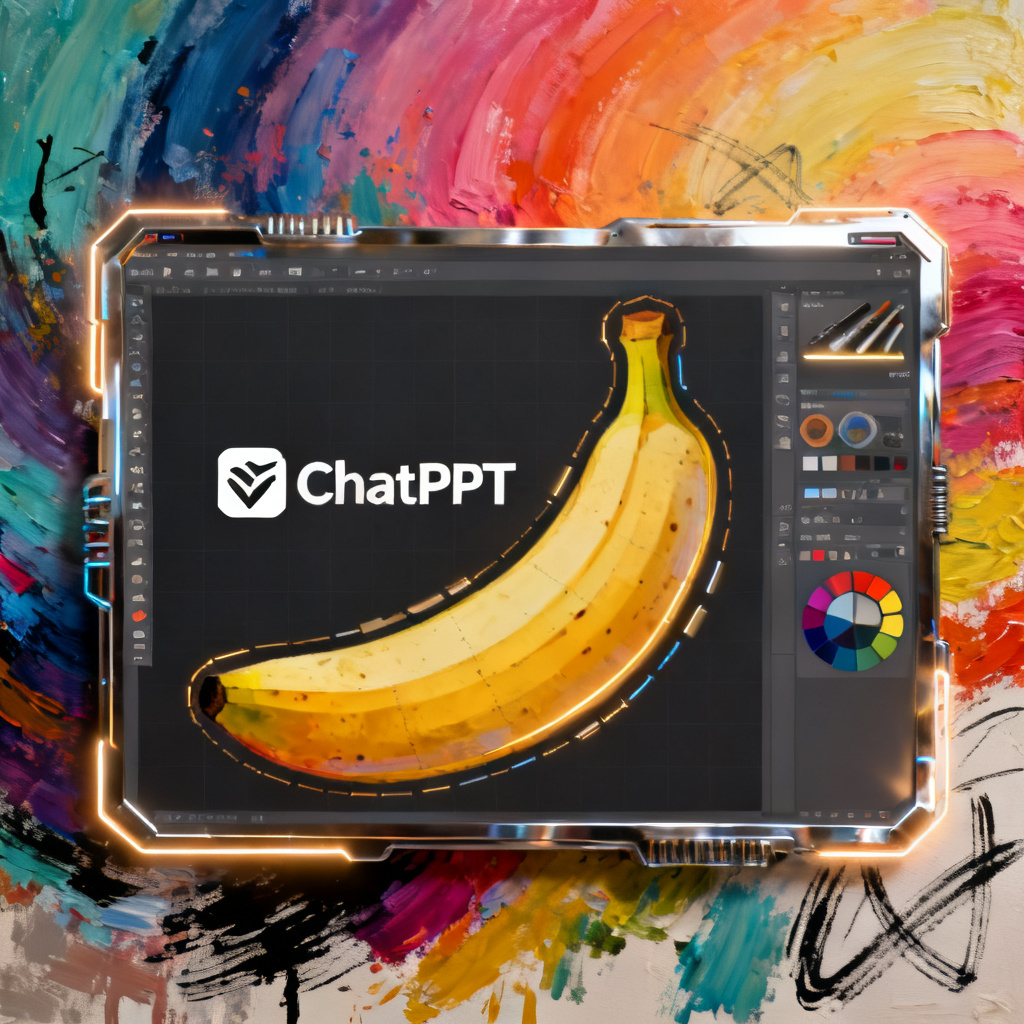 ChatPPT logo与banana创意绘图模式界面融合，背景有绚丽的艺术画布，科技感与艺术感并存