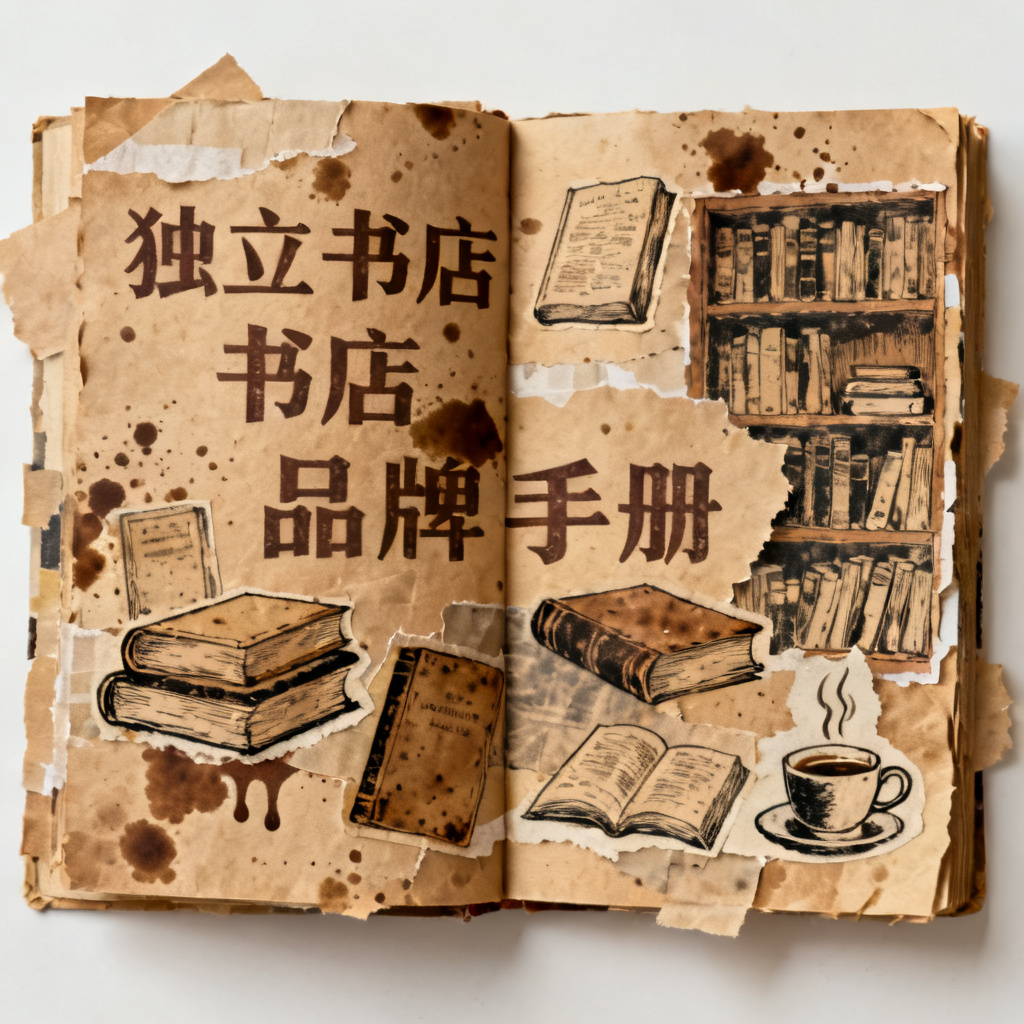 牛皮纸贴画风格独立书店品牌手册，手工拼贴质感，复古字体，咖啡渍纹理，书籍插图
