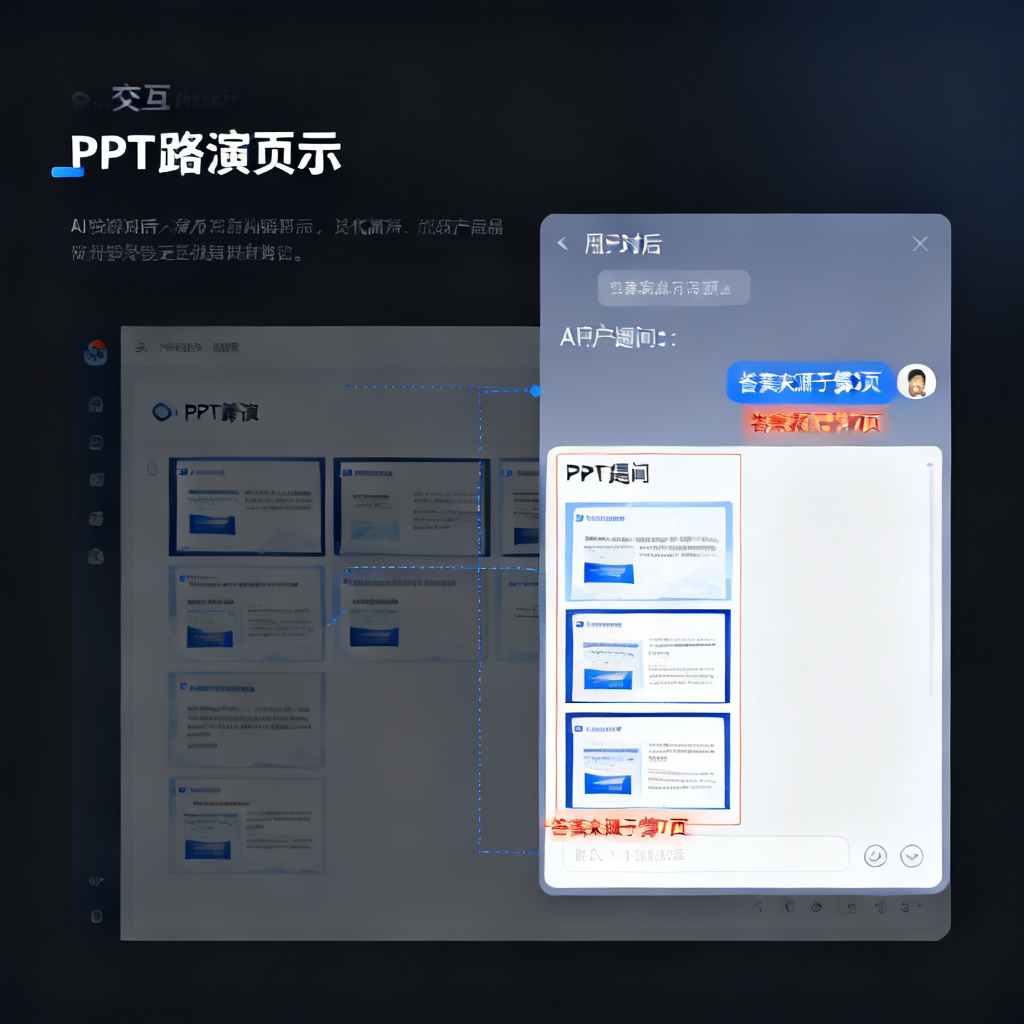 交互界面示意图，左侧为PPT路演页面，右侧为一个AI对话窗口，用户提问后，AI回复下方标注“答案来源于第3页”“答案来源于第7页”，并高亮显示对应页面缩略图