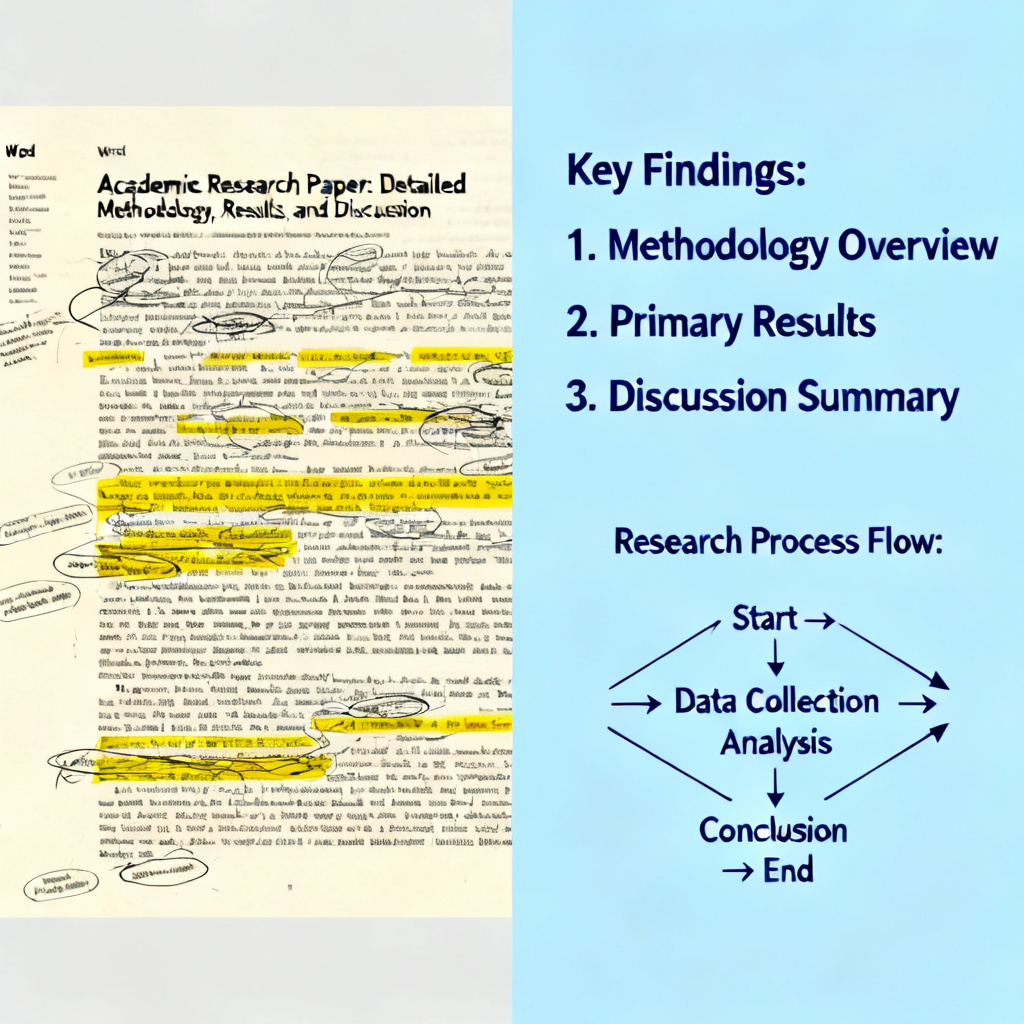 A side-by-side comparison of a messy Word document with dense text and a clean, logically structured PowerPoint slide with bullet points and a flowchart, showing the transformation from academic text to presentation