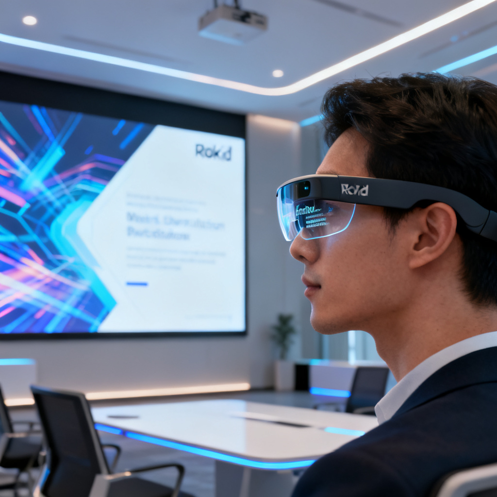 A person wearing smart glasses (Rokid style) with transparent text overlay on the lens, looking at a large screen displaying a dynamic business presentation. The scene is a modern office or pitch room. Style: futuristic, clean, bright, hyper-realistic.