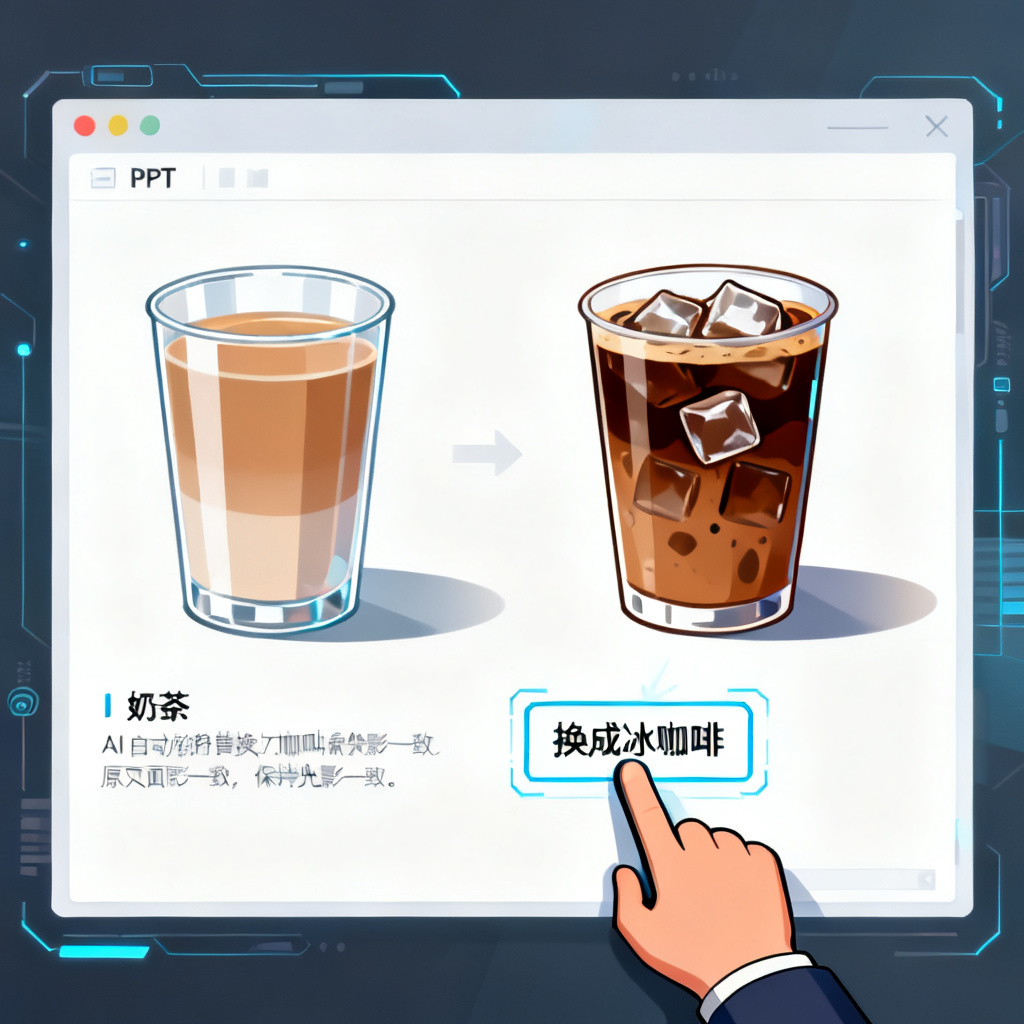 Magic涂画操作演示，用户框选PPT页面中的奶茶区域，输入替换指令“换成冰咖啡”，AI自动完成替换并保持光影一致