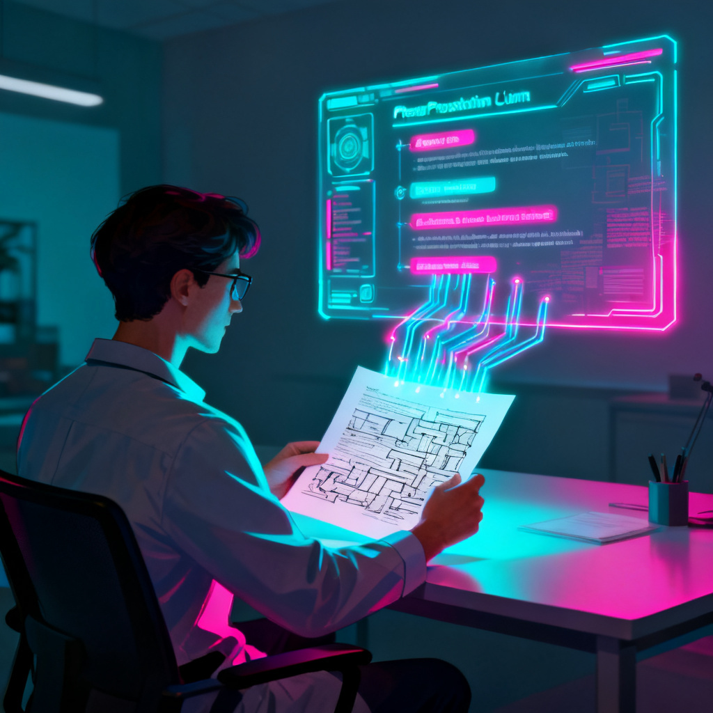 An academic researcher looking at a complex paper, with a glowing AI interface extracting key points and restructuring them into a clear presentation outline. Digital art style.