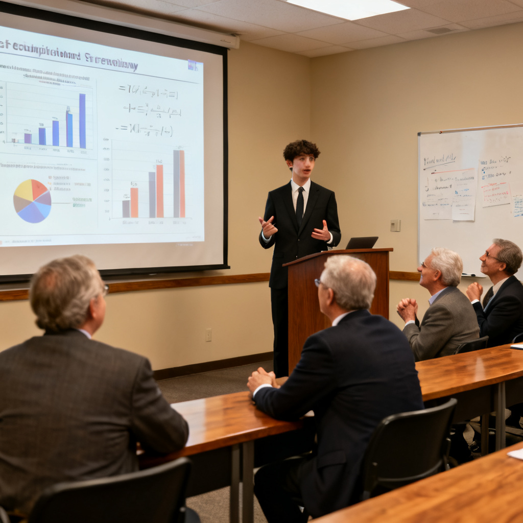A realistic scene of a student confidently presenting a PPT in a graduation defense room. The slides on the screen show clear charts and formulas. The panel of professors looks engaged and nod approvingly.