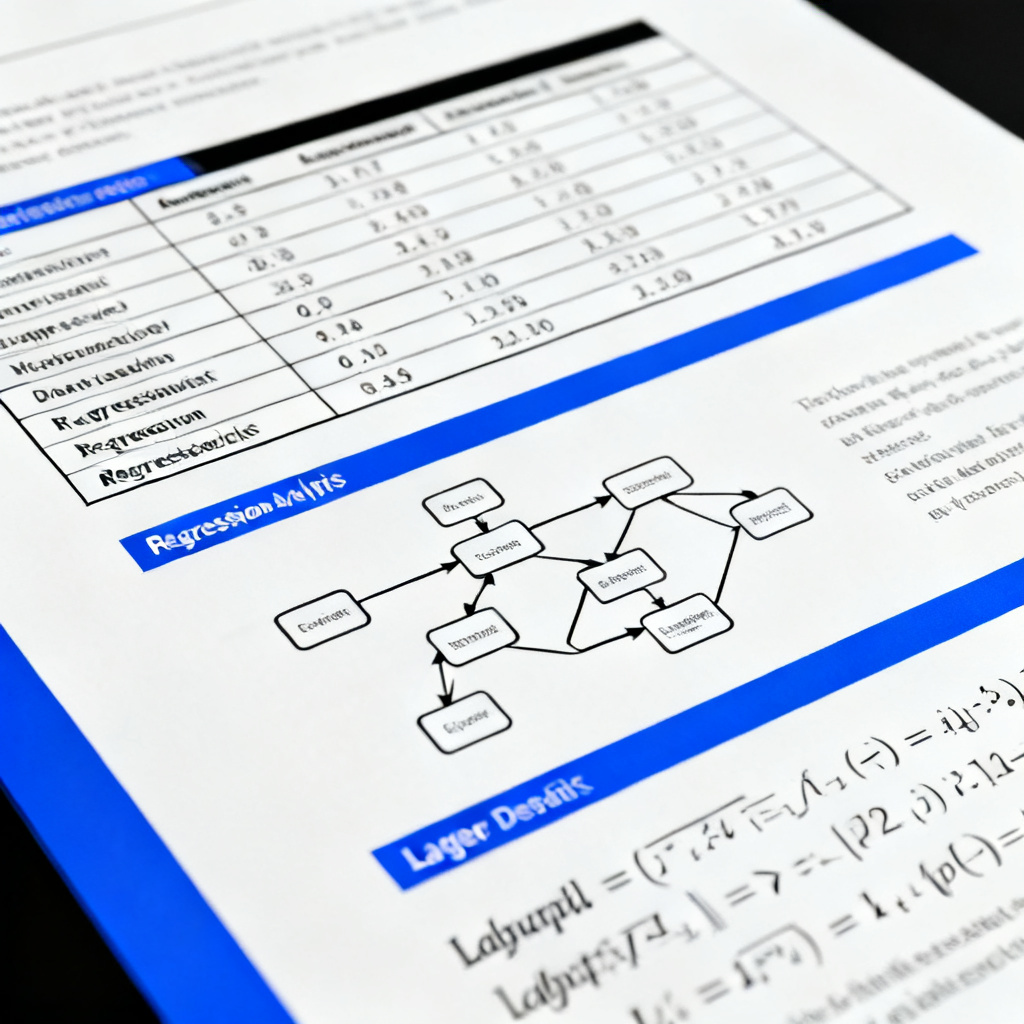 A close-up view of a ChatPPT-generated academic slide, featuring a three-line table with regression analysis results, a vector-based experimental flowchart, and LaTeX-rendered mathematical formulas. The slide uses a minimalist black-and-white color scheme with blue highlights, professional and clean layout, high resolution, 8k.