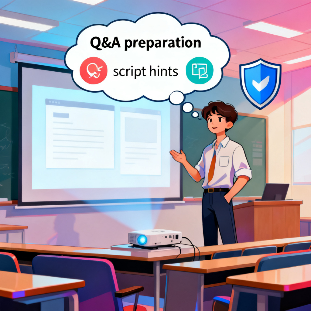 An illustration of a student confidently presenting a PPT in a university lecture hall, with a thought bubble showing 'Q&A preparation' and 'script hints' icons, and a shield icon representing preparedness, set against a backdrop of a projector screen showing clean slides.