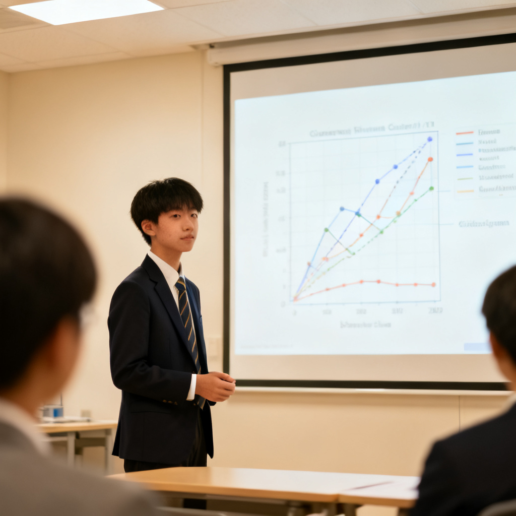A student confidently presenting a scientific PowerPoint to a panel of professors. The slide behind them shows a complex graph with clear annotations. The room is bright and professional, with a focus on the student's calm demeanor.