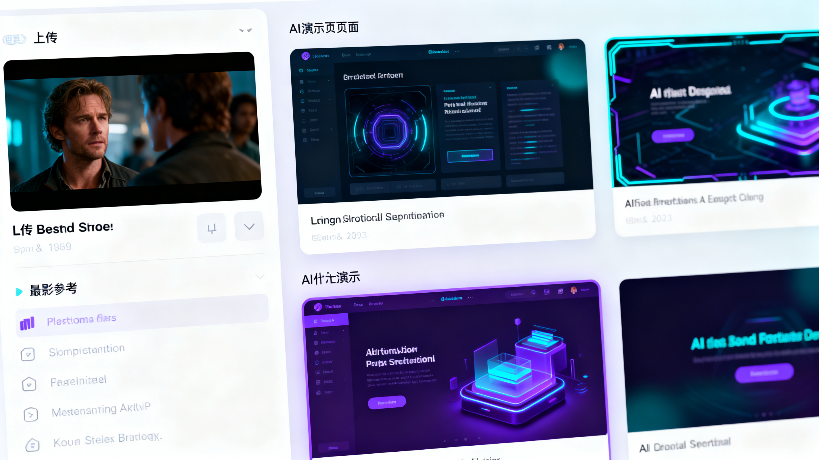 工作区界面特写，左侧是上传的电影剧照参考图，右侧并排显示三张AI生成的演示页面缩略图，青紫色调与霓虹光晕高度还原参考图风格，界面干净现代，产品截图风格