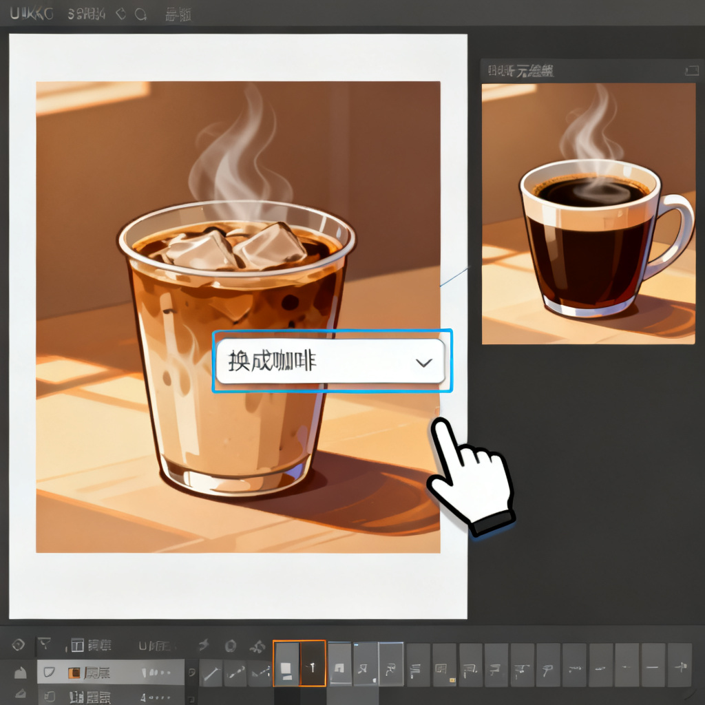 PPT 编辑界面特写,鼠标框选中页面中的奶茶照片,输入框显示指令“换成咖啡”,右侧预览区同一位置已无缝替换为热咖啡,杯身蒸汽与页面的暖色光影保持一致;界面底部展示图层列表,高清 UI 插画风格,8K 渲染。
