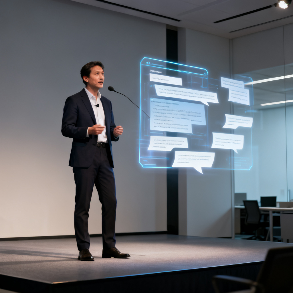 A professional presenter standing confidently on stage, with a holographic slide showing structured speech notes floating beside them, minimalist office background, photorealistic style, 4K