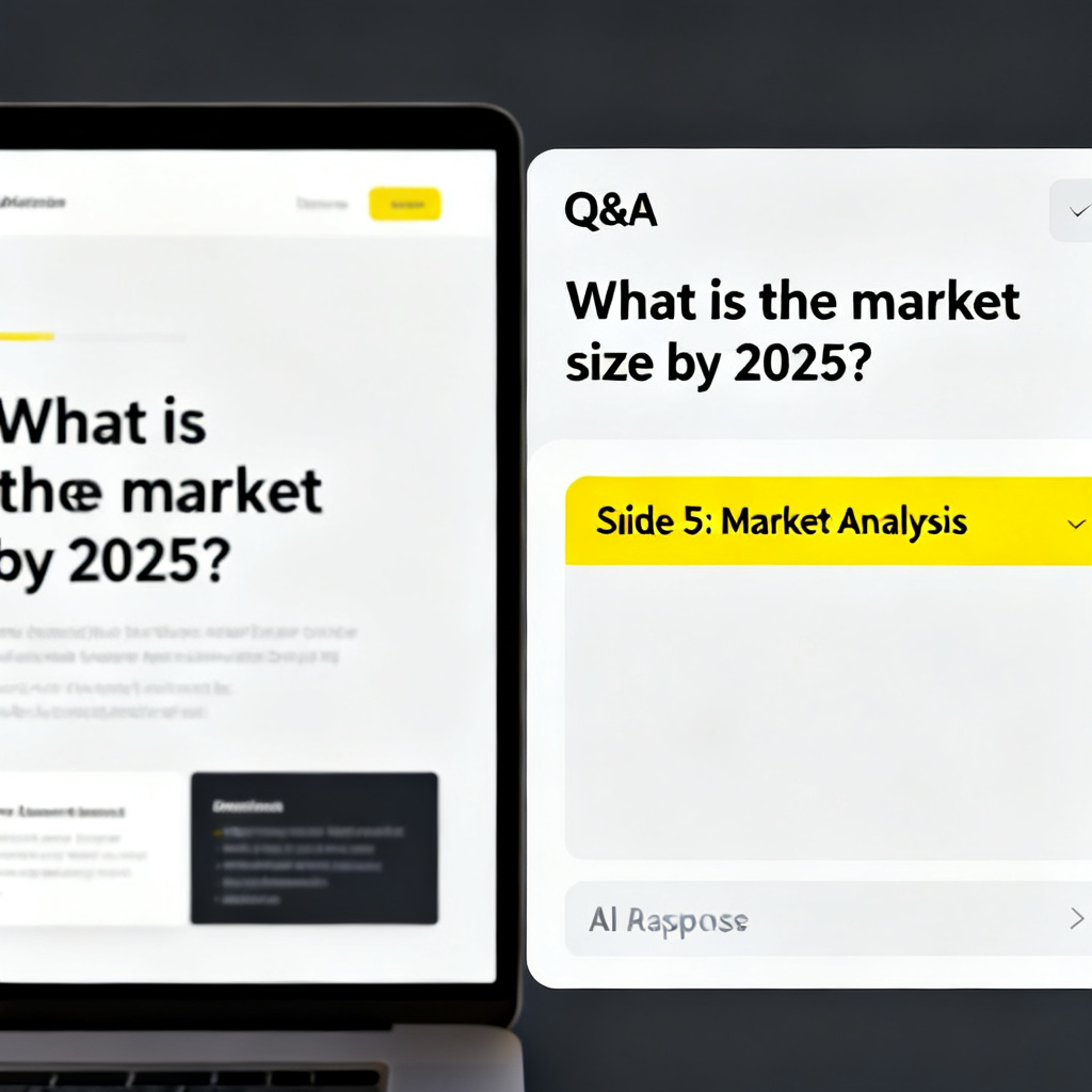 A split-screen showing a presentation slide on the left and a Q&A panel on the right, with a user question 'What is the market size by 2025?' and the AI response highlighting 'Slide 5: Market Analysis' in yellow