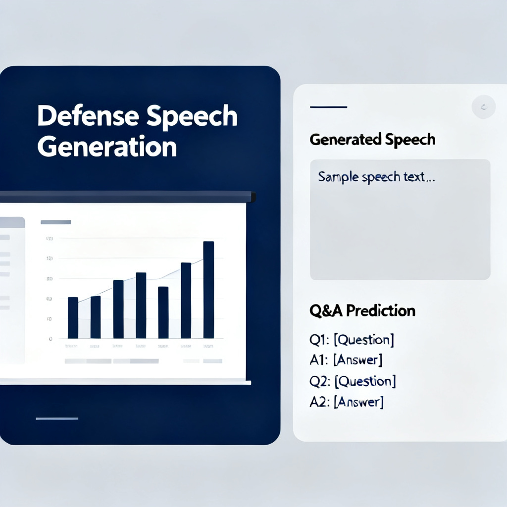 A user interface showing ChatPPT's defense speech generation and Q&A prediction features. On the left, a mock slide with a data chart; on the right, a sidebar displaying the generated speech text and a list of predicted questions with answers. Clean modern design with professional color scheme.