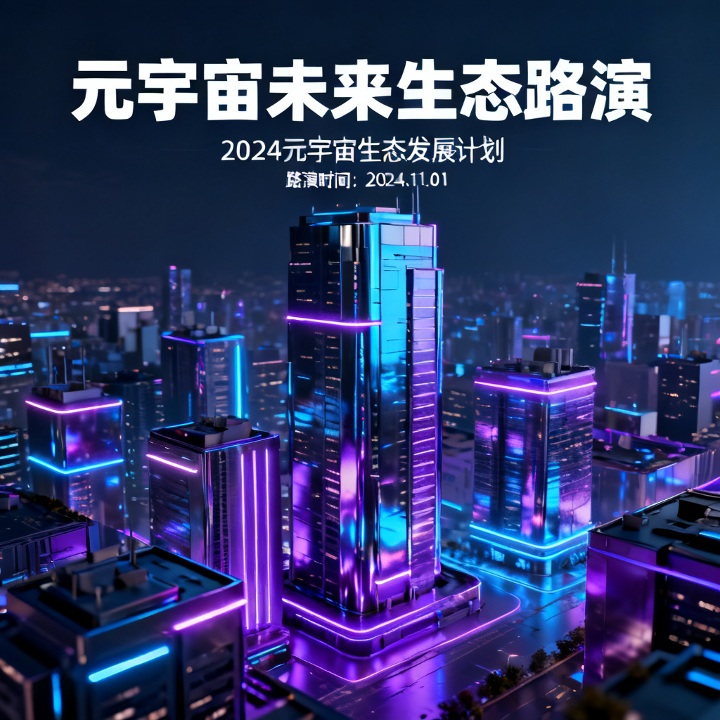 赛博朋克风格元宇宙路演PPT，霓虹灯光，3D城市背景，高对比度