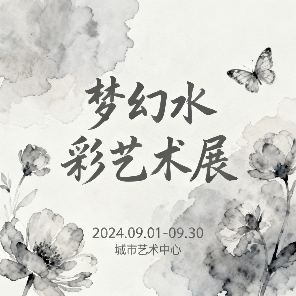 梦幻水彩风格艺术展介绍PPT,水彩晕染效果,花朵、蝴蝶元素,柔和过渡,留白构图,文艺气息