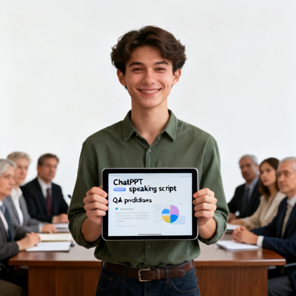 A student standing in front of a defense committee, holding a tablet showing ChatPPT's speaking script and Q&A predictions, with a confident expression.
