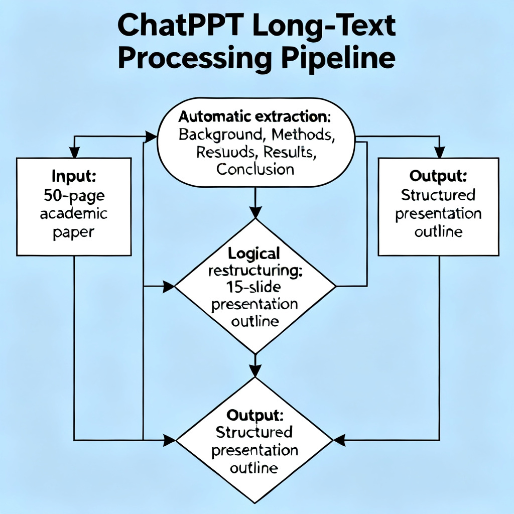 A detailed flowchart showing ChatPPT's long-text processing pipeline: input of a 50-page academic paper, automatic extraction of key sections (background, methods, results, conclusion), logical restructuring into a 15-slide presentation outline. The flow should be clean, professional, and academic.