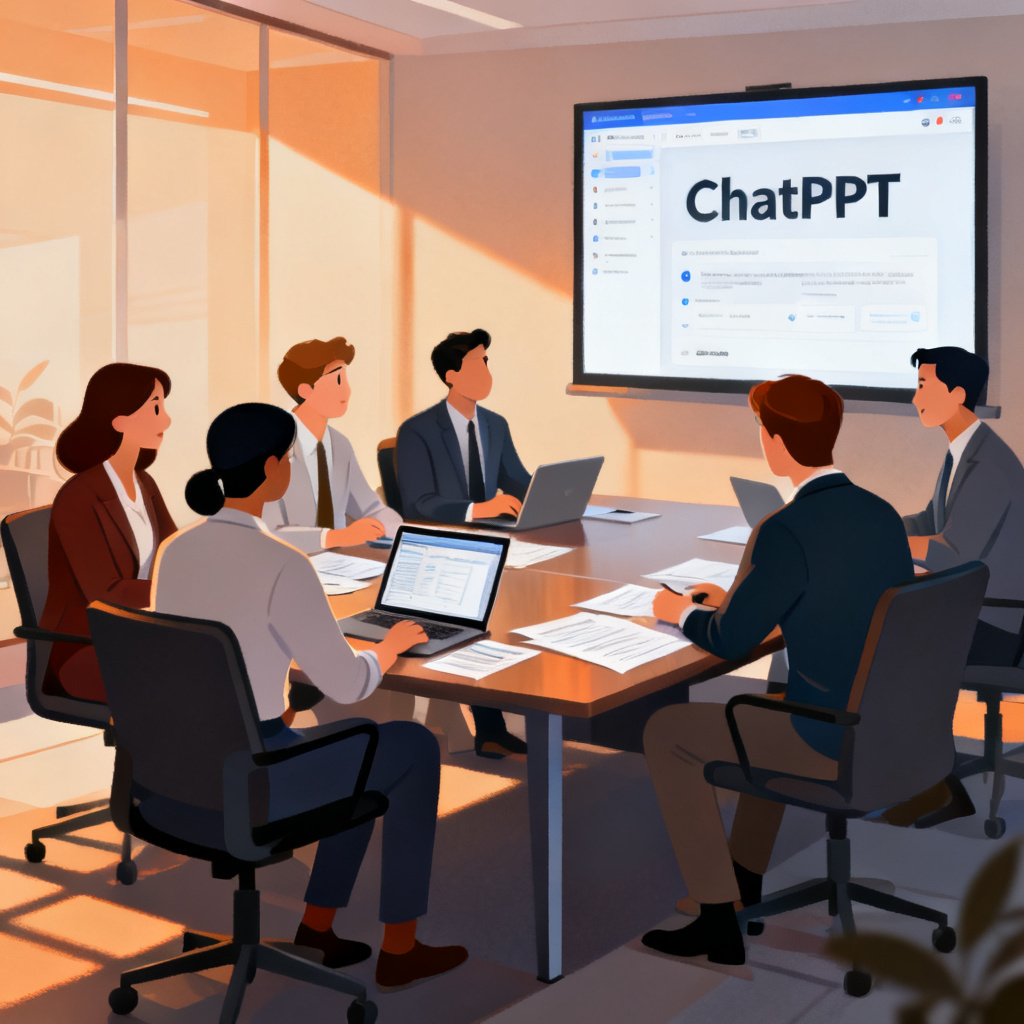 一群职场人士围坐在一起，使用ChatPPT进行高效协作和路演准备