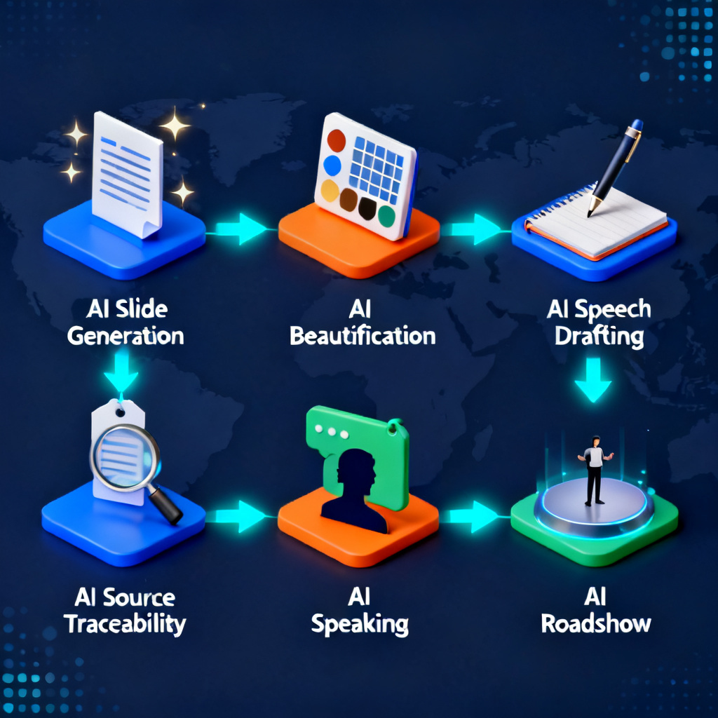A comprehensive workflow diagram displayed as a long horizontal infographic, showing six connected stages: AI Slide Generation (symbolized by a document with sparkles), AI Beautification (a palette with grid lines), AI Speech Drafting (a pen writing on a notebook), AI Source Traceability (a magnifying glass over a page number tag), AI Speaking (a silhouette with a speech bubble), and AI Roadshow (a stage with a virtual presenter). Each stage is represented by an isometric 3D icon, connected by glowing cyan arrows. The background is a deep navy blue with subtle world map dots. The color scheme is professional blue, orange and green with white text labels in Chinese under each icon. The overall presentation feels clean, strategic and technological, suitable for an official product overview.
