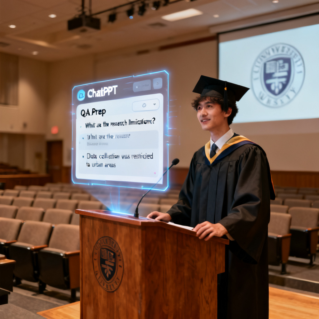 A student standing confidently at a podium presenting a graduation defense, with a holographic display showing a 'ChatPPT' interface that includes a 'Q&A Prep' section with sample questions and answers. The background is a university lecture hall.