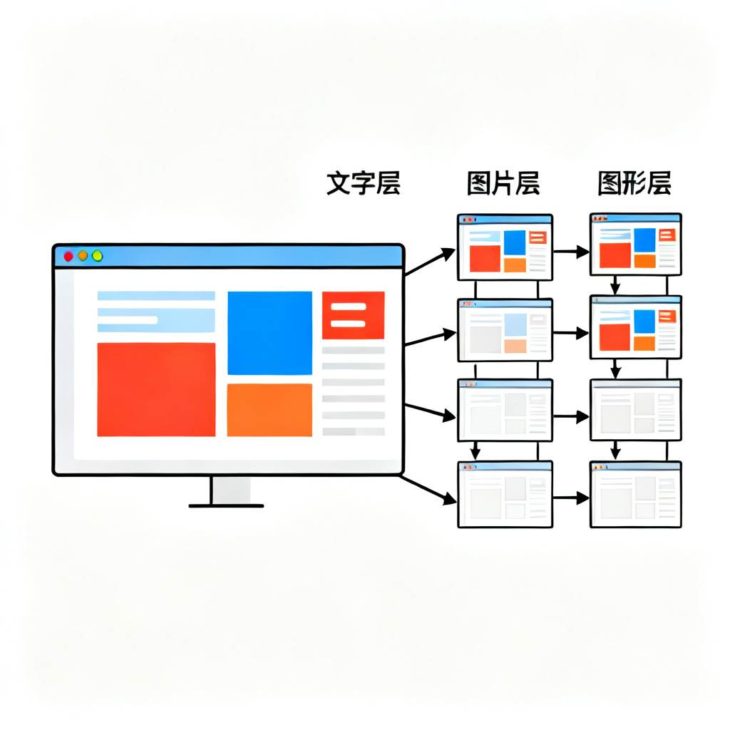 展示图层分离的示意图：左侧是原始PPT页面，右侧是分层显示的文字、图片、图形，用箭头连接。扁平化设计，清晰易懂。