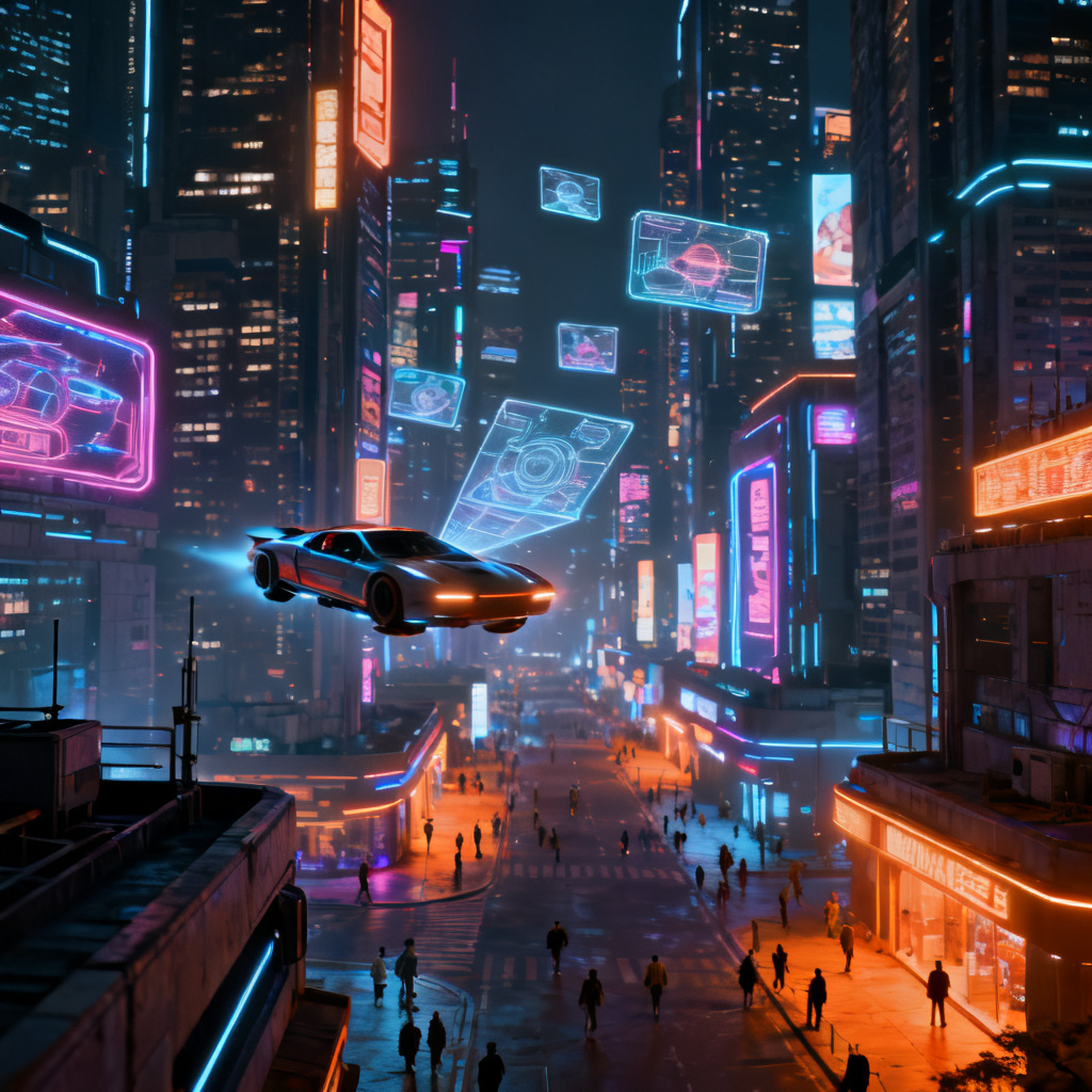 赛博朋克风格城市夜景，霓虹灯光，高对比度，细节丰富，3D渲染