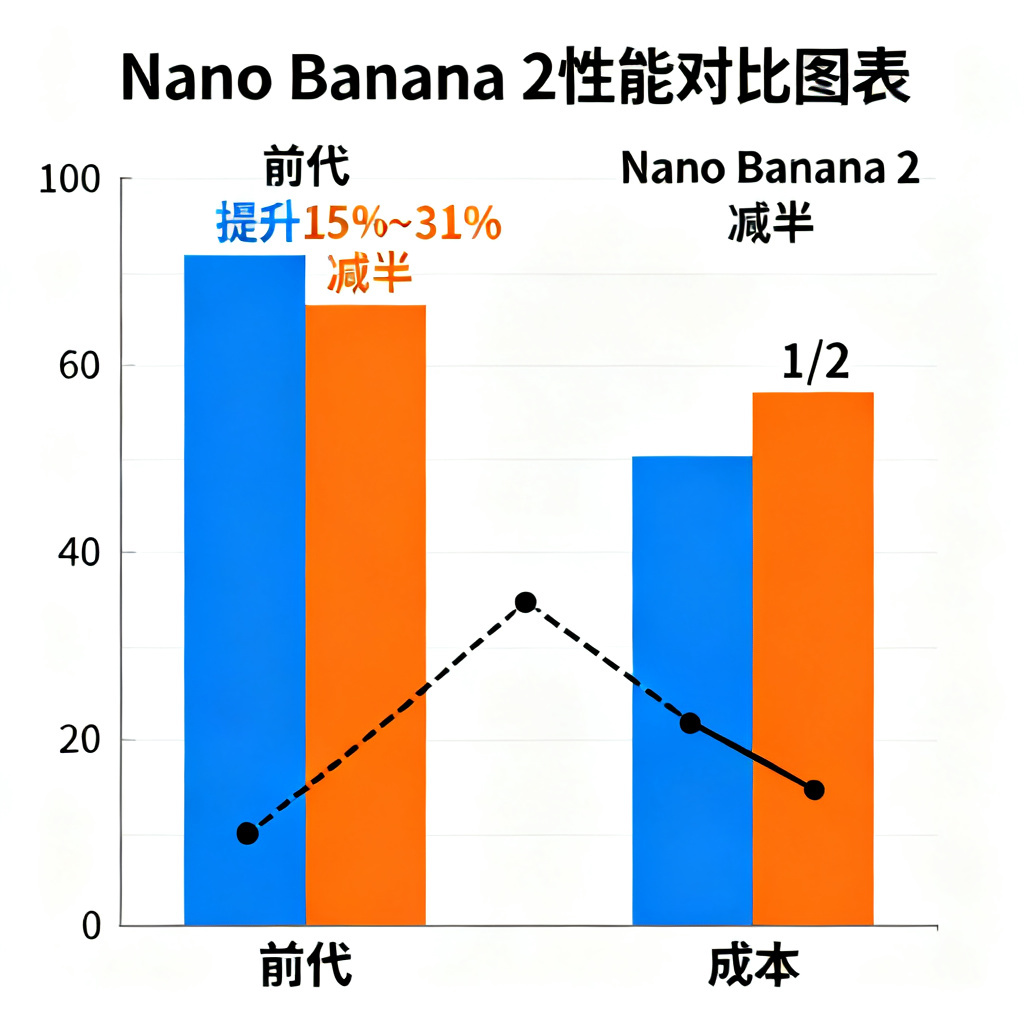 一个图表,显示Nano Banana 2相比前代在速度(提升15%~31%)和成本(减半)上的优势,左侧为前代数据,右侧为Nano Banana 2数据,使用柱状图与折线图对比。