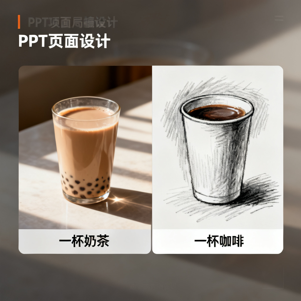一张PPT页面，左侧为原始图片（一杯奶茶），右侧为Magic涂画后的结果（替换为一杯咖啡），光影与背景完美融合，展示局部编辑效果