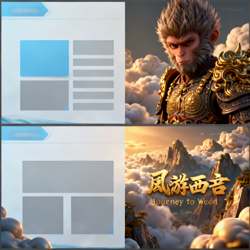 A split-screen comparison: left side shows a generic, flat PPT template with limited colors; right side shows a dynamic, 3D Journey to the West themed slide with intricate textures and lighting.