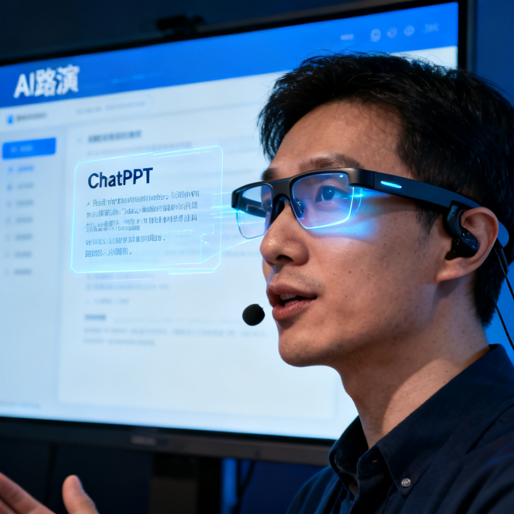 一位演讲者佩戴AI智能眼镜，眼镜上投射出ChatPPT的演讲稿提示，同时演讲者面前的大屏幕显示着AI路演页面
