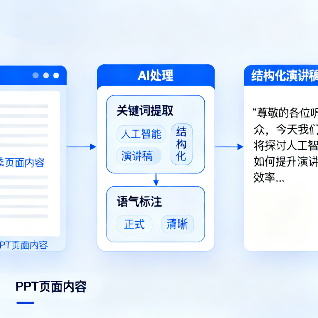 一张示意图，展示AI如何从PPT页面内容智能生成结构化的演讲稿，包含关键词提取和语气标注，风格现代简洁