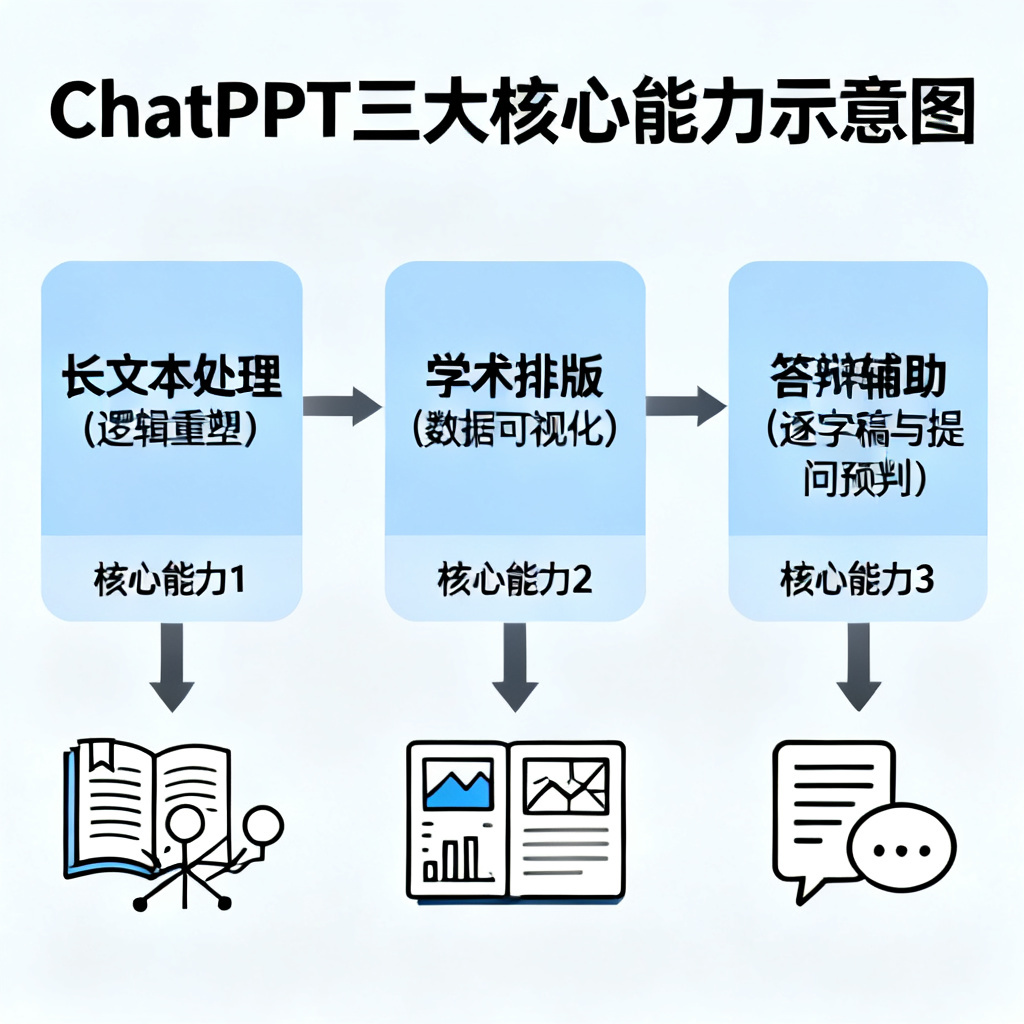 一张示意图,展示ChatPPT的三大核心能力:长文本处理(逻辑重塑)、学术排版(数据可视化)、答辩辅助(逐字稿与提问预判),以流程图形式呈现。
