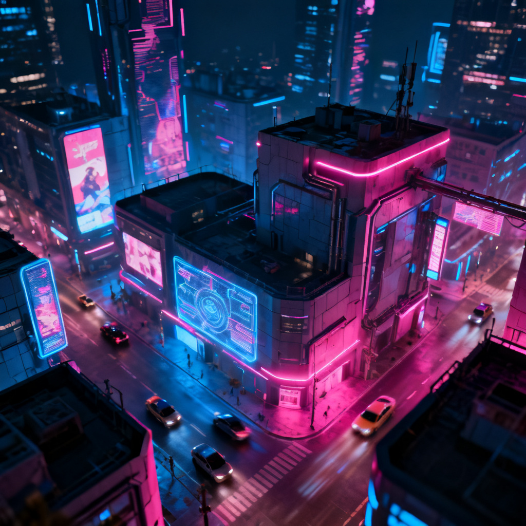 赛博朋克风格，未来城市夜景，霓虹灯光，高对比度，深蓝与粉色主色调，细节丰富，16:9比例