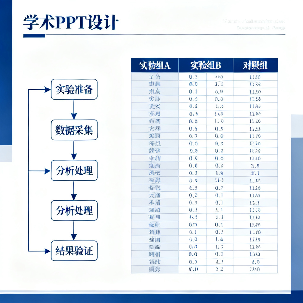 ChatPPT生成的学术论文PPT页面，展示清晰的实验流程图和严谨的数据对比表